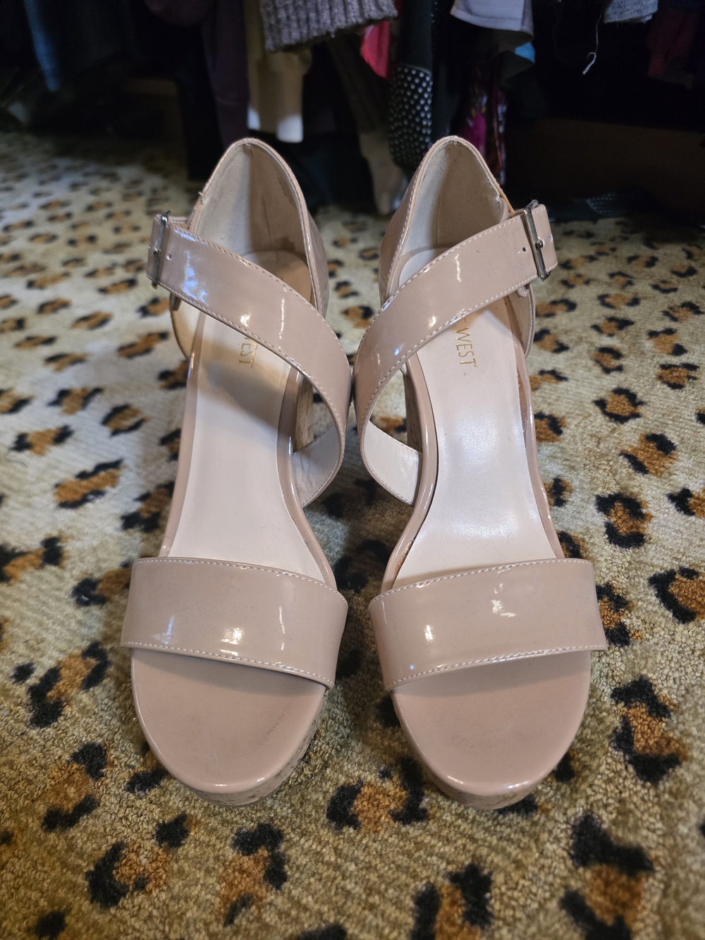 Nine West Nude Patent Cross-Strap Wedge Heels